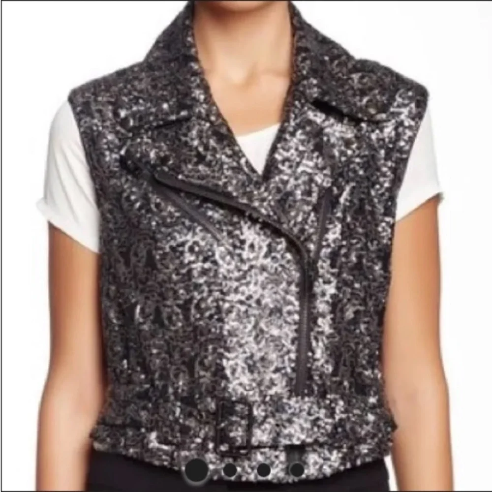 Catherine Malandrino Sequin Moto Vest Galaxy Black Silver Size 4